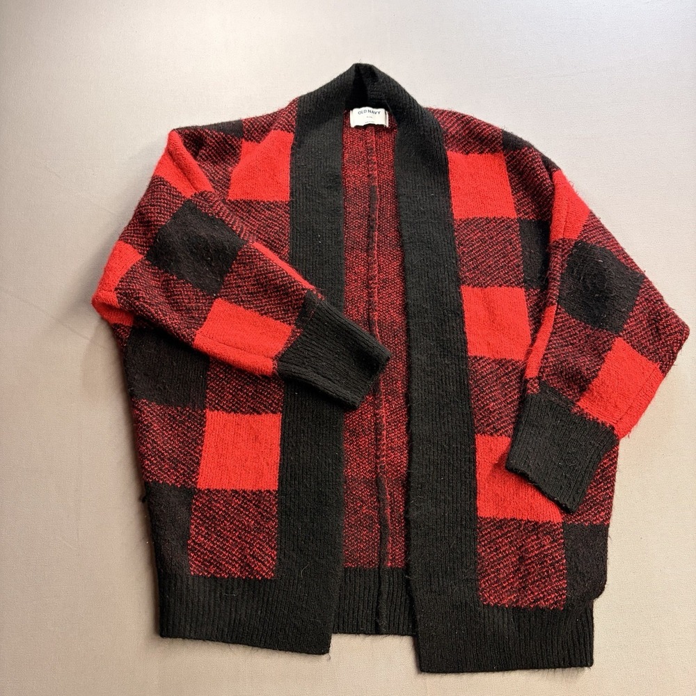 Old Navy Womens Cardigan XL XXL Red Black Buffalo Plaid Open Front Sweater